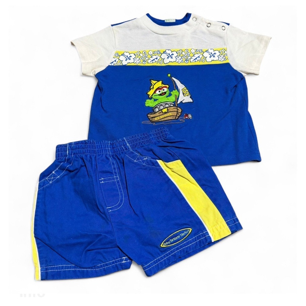 Vintage Sesame Street Oscar The Grouch 2 Piece Outfit Set 24M Blue Hawaiian